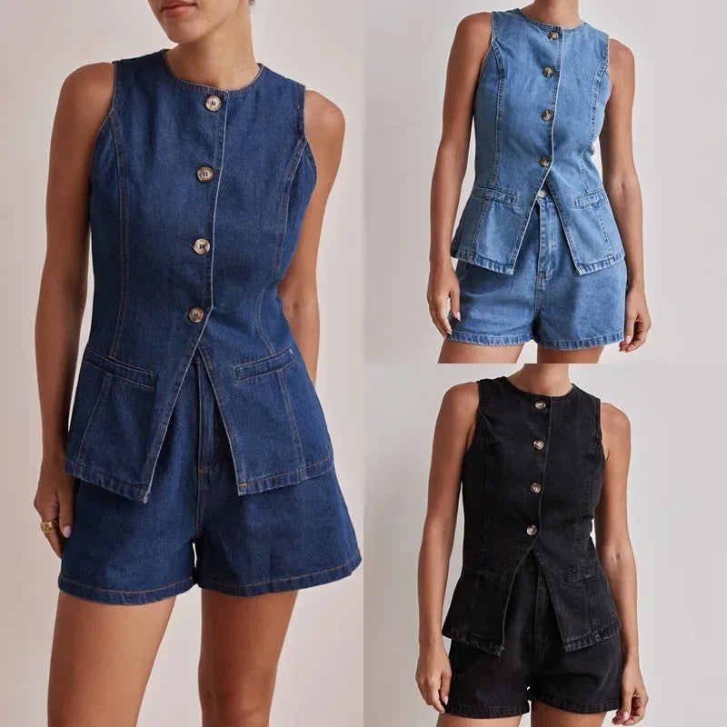 100% Cotton Denim Outfit for Women - Casual Style Set with Top and Bottoms