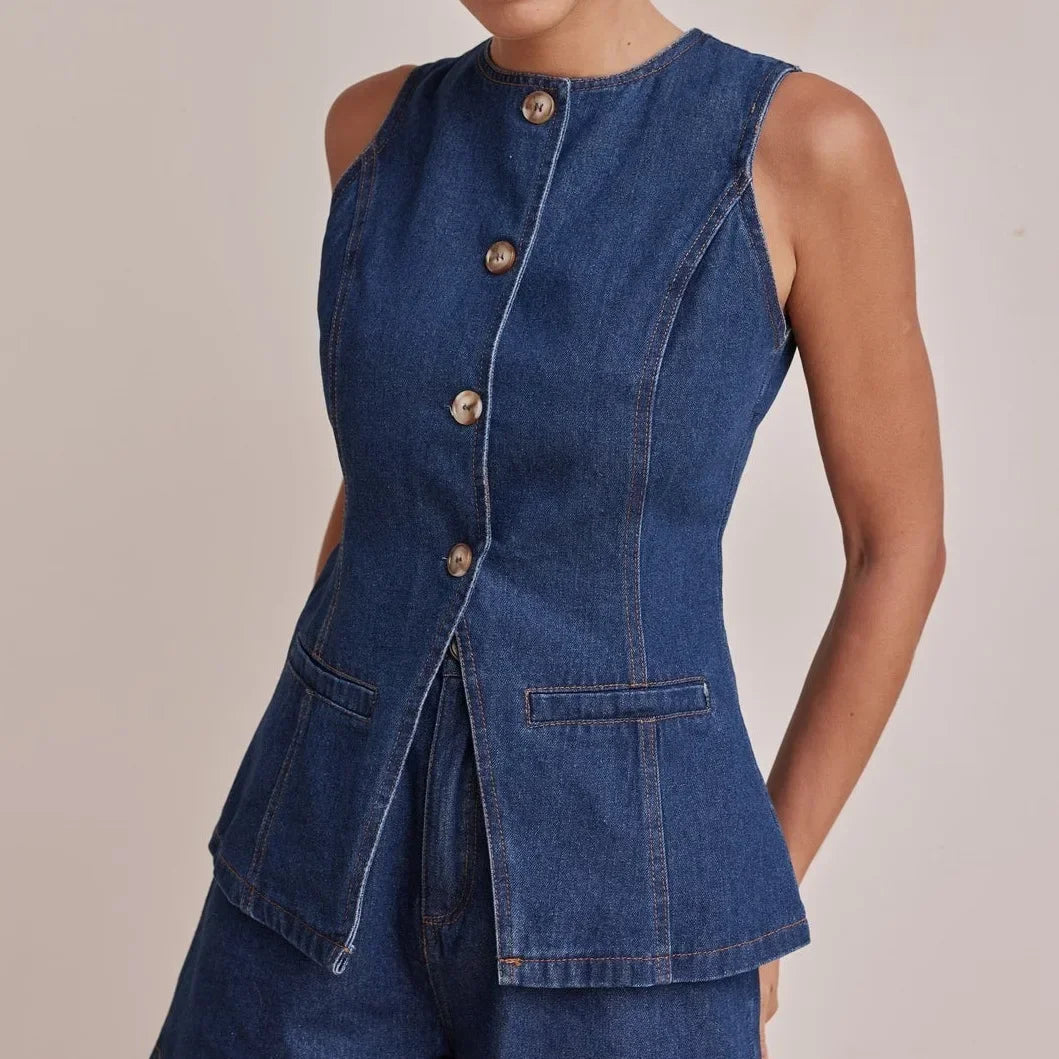 100% Cotton Denim Outfit for Women - Casual Style Set with Top and Bottoms
