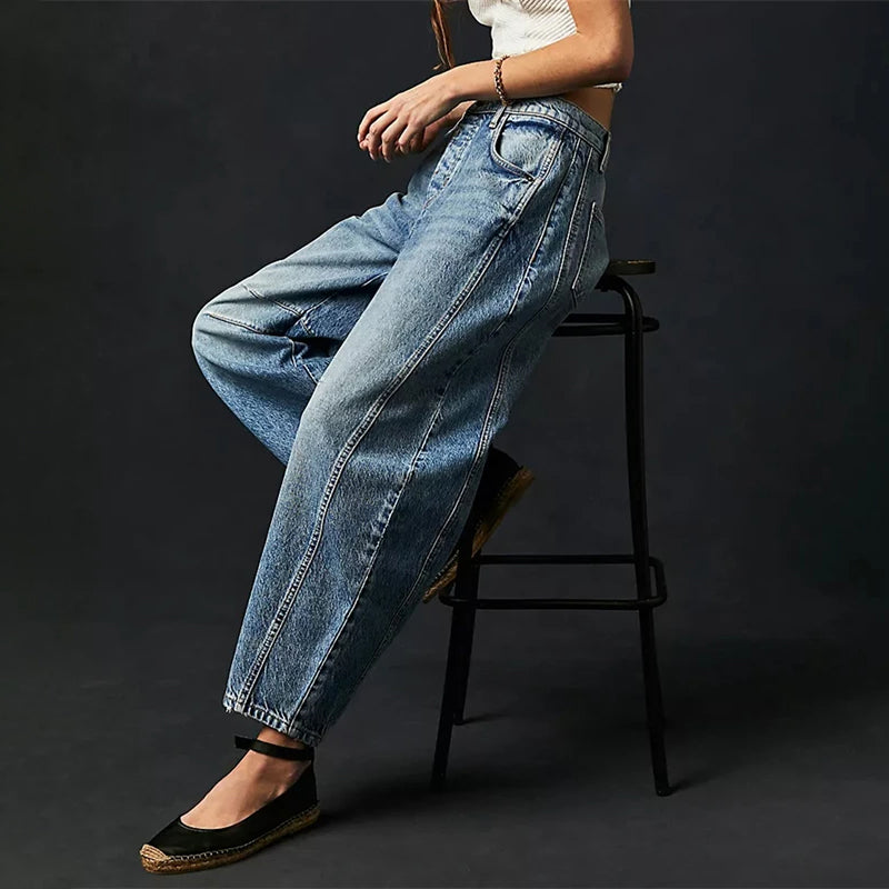 Barrel-Leg Denim Jeans for Women | Comfortable Cotton Blend | Casual Everyday Wear | Available in Multiple Sizes