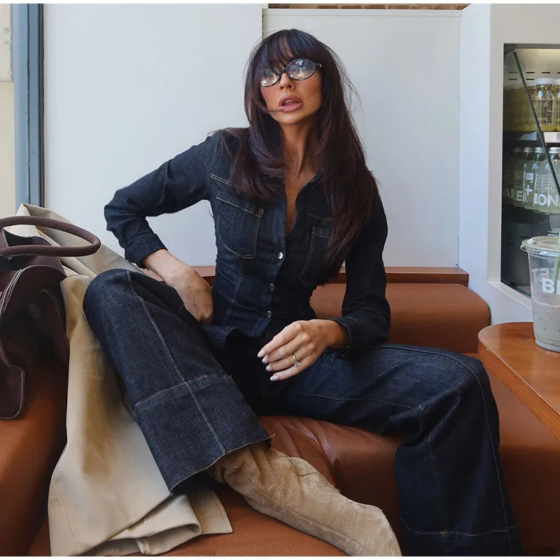 Button-Up Denim Set for Women - Casual Chic Style - Perfect for Everyday Wear