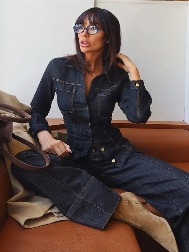 Button-Up Denim Set for Women - Casual Chic Style - Perfect for Everyday Wear