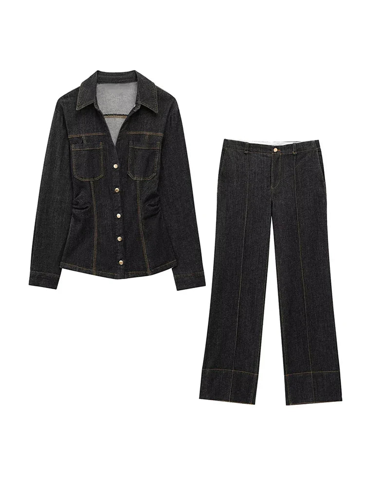 Button-Up Denim Set for Women - Casual Chic Style - Perfect for Everyday Wear