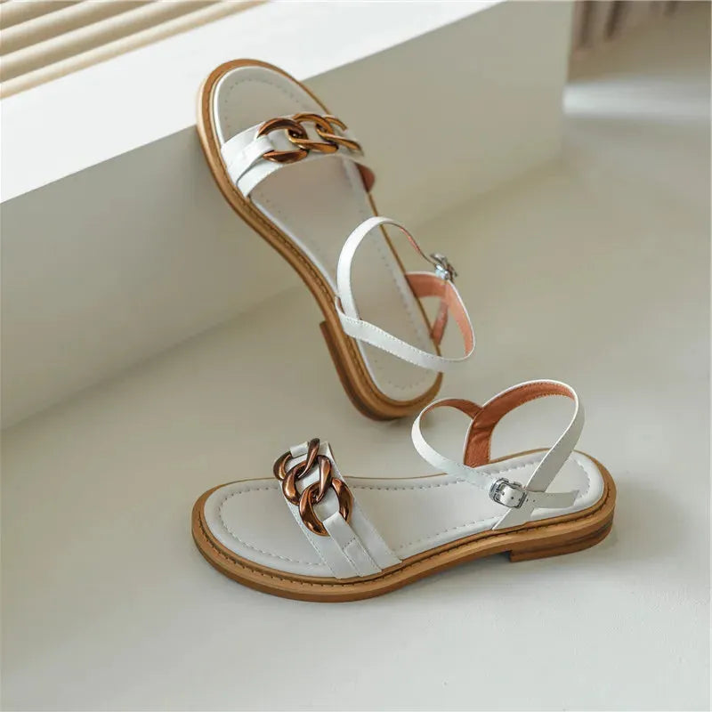 Chain Detail Flat Sandal - Comfortable Casual Footwear for Summer - Versatile Everyday Style