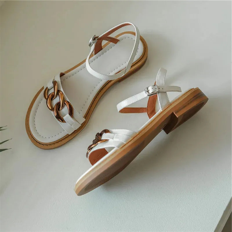 Chain Detail Flat Sandal - Comfortable Casual Footwear for Summer - Versatile Everyday Style