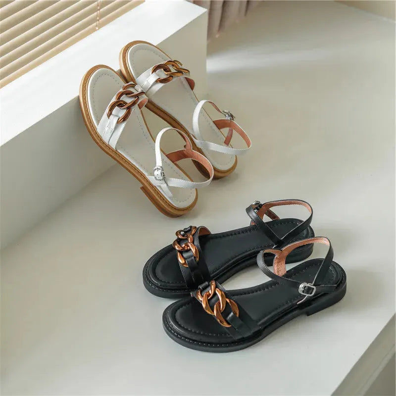Chain Detail Flat Sandal - Comfortable Casual Footwear for Summer - Versatile Everyday Style