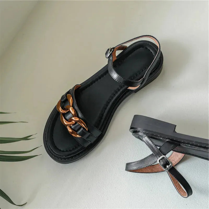 Chain Detail Flat Sandal - Comfortable Casual Footwear for Summer - Versatile Everyday Style
