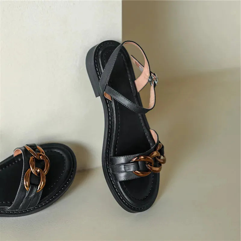 Chain Detail Flat Sandal - Comfortable Casual Footwear for Summer - Versatile Everyday Style