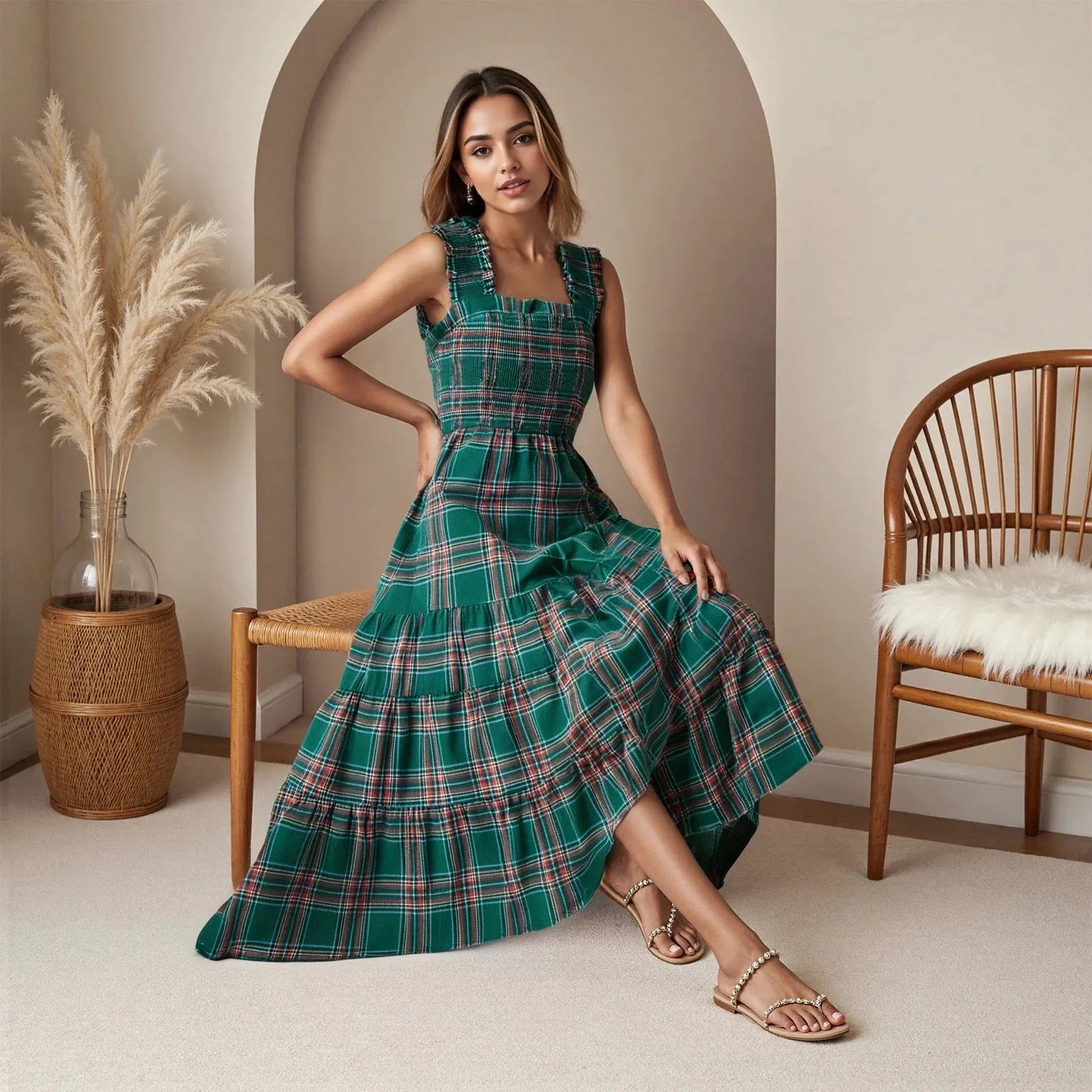 Christmas Maxi Dress for Women - Festive Floral Print, Long Sleeve, Holiday Party Wear, Comfortable Fit