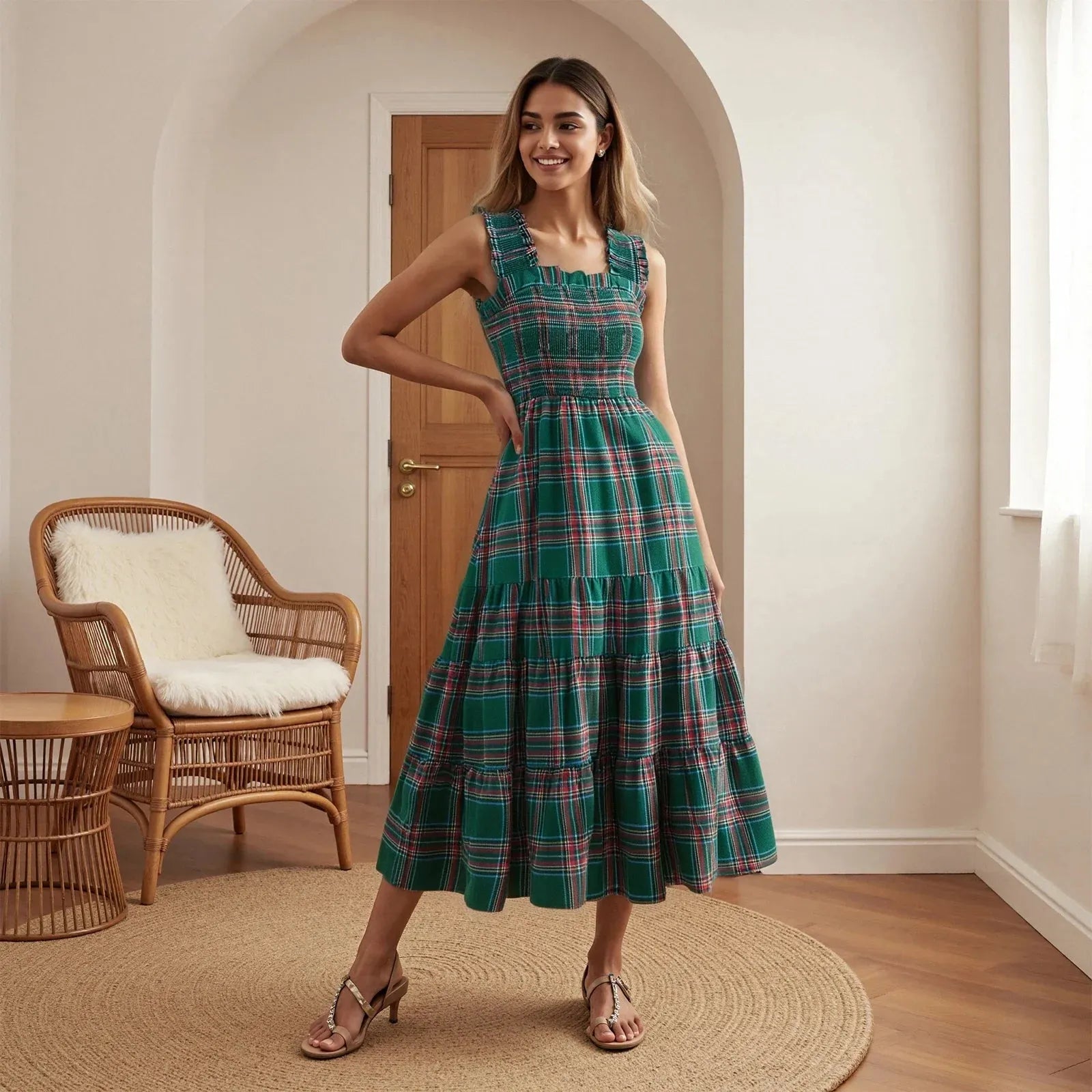 Christmas Maxi Dress for Women - Festive Floral Print, Long Sleeve, Holiday Party Wear, Comfortable Fit