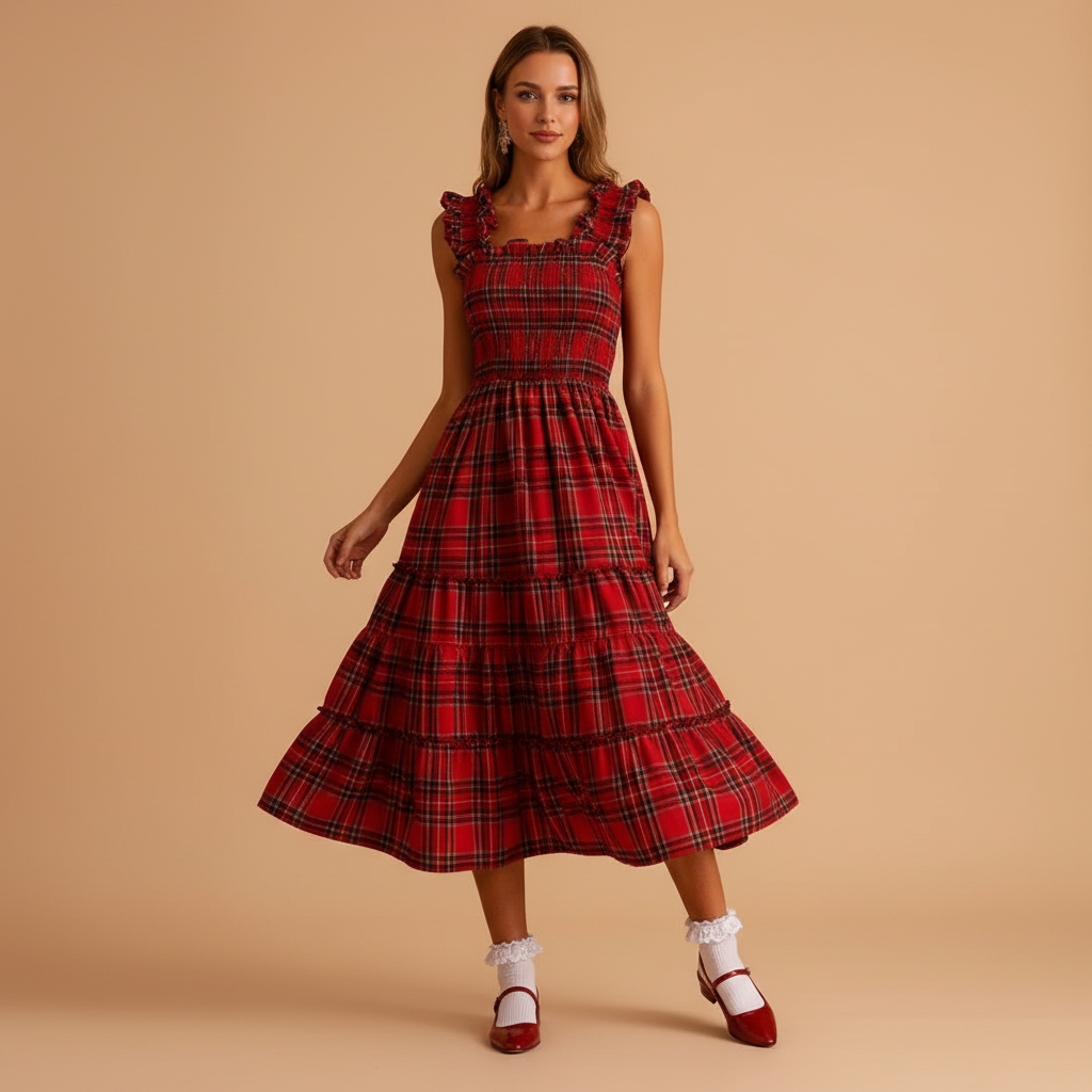 Christmas Maxi Dress for Women - Festive Floral Print, Long Sleeve, Holiday Party Wear, Comfortable Fit