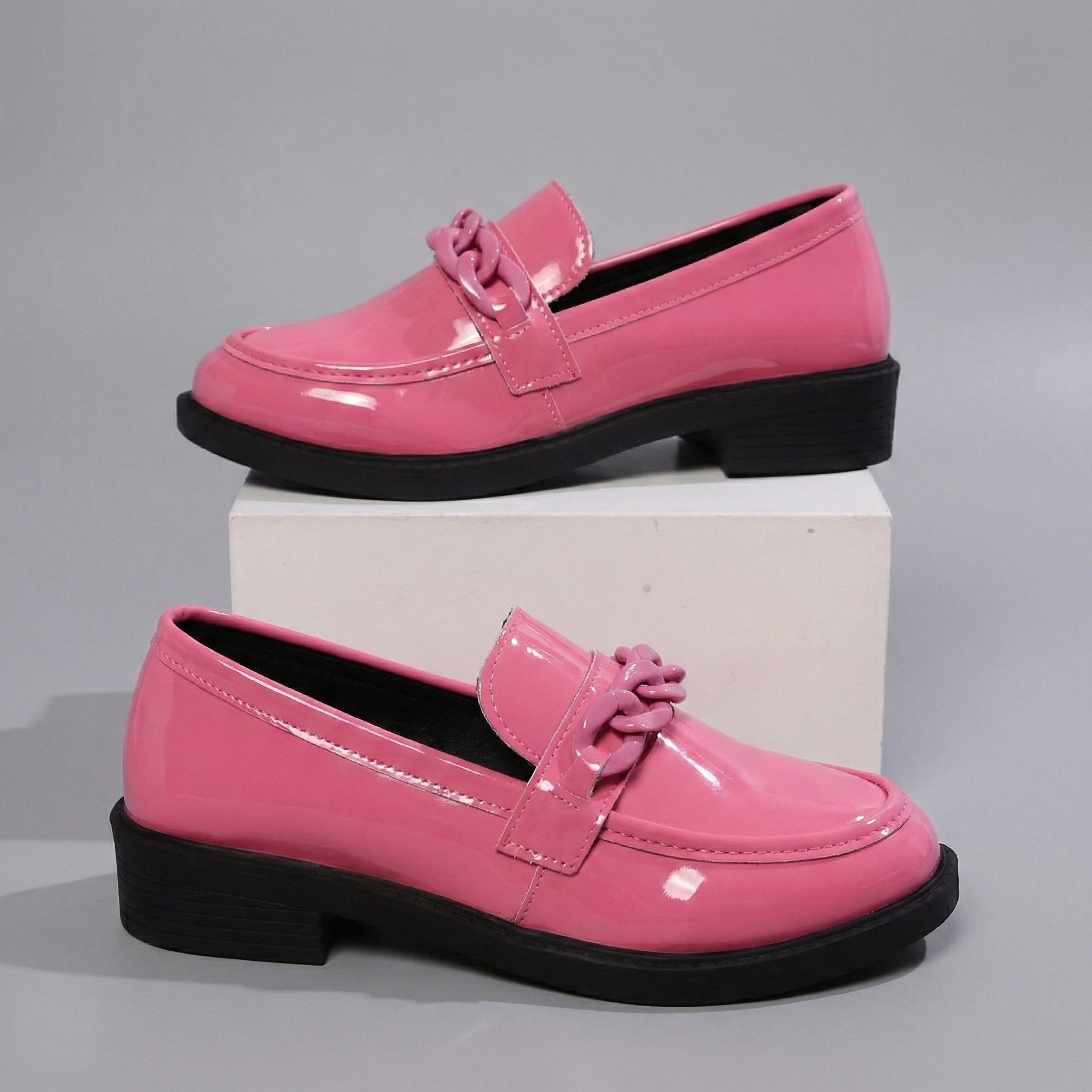 Chunky Chain Loafers for Women - Stylish Vegan Leather Slip-On Shoes for Casual and Dressy Occasions