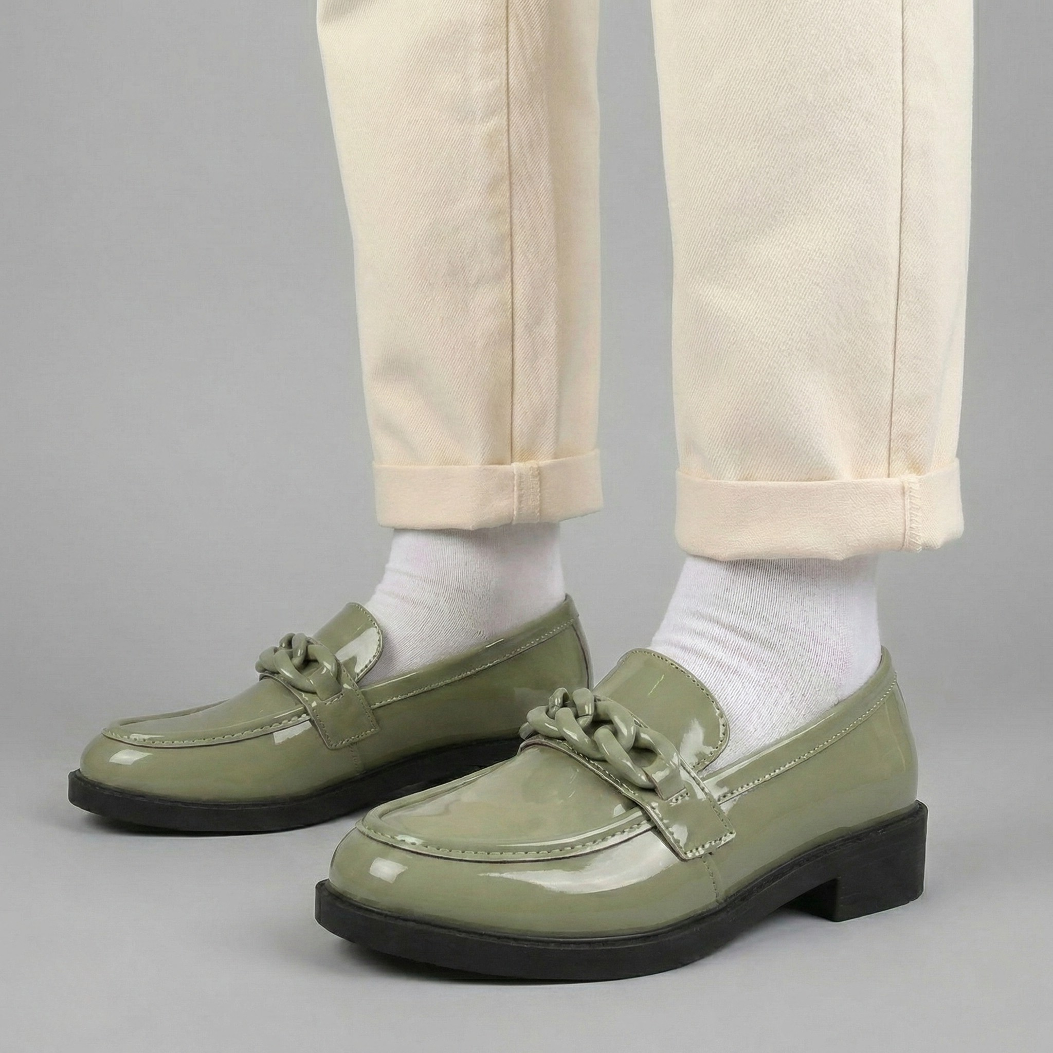 Chunky Chain Loafers for Women - Stylish Vegan Leather Slip-On Shoes for Casual and Dressy Occasions