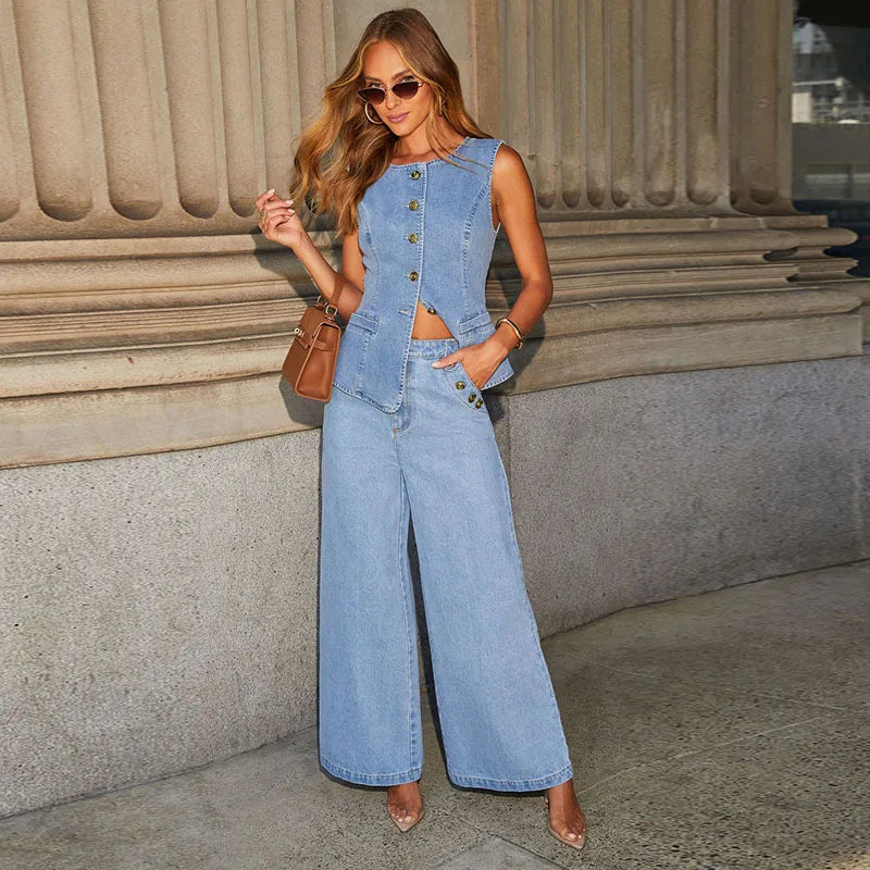 Cotton Denim Two-Piece Set for Women - Casual Outfit with Top and Pants - Versatile Everyday Wear