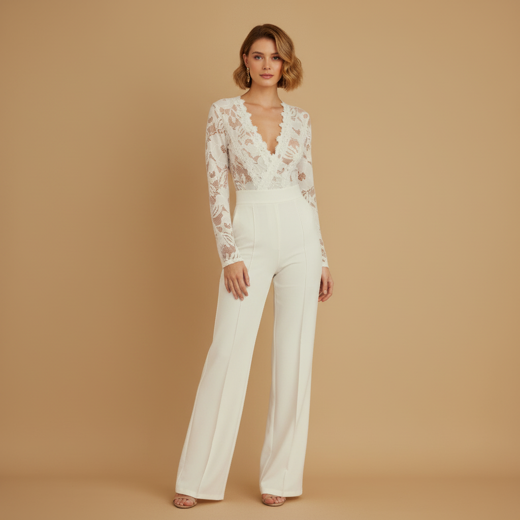 Crochet Long Sleeve Jumpsuit for Women - Lightweight Knit Fabric, Casual Chic Design for Everyday Wear