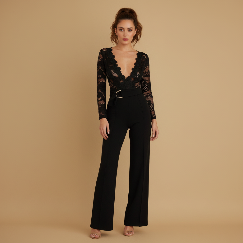 Crochet Long Sleeve Jumpsuit for Women - Lightweight Knit Fabric, Casual Chic Design for Everyday Wear