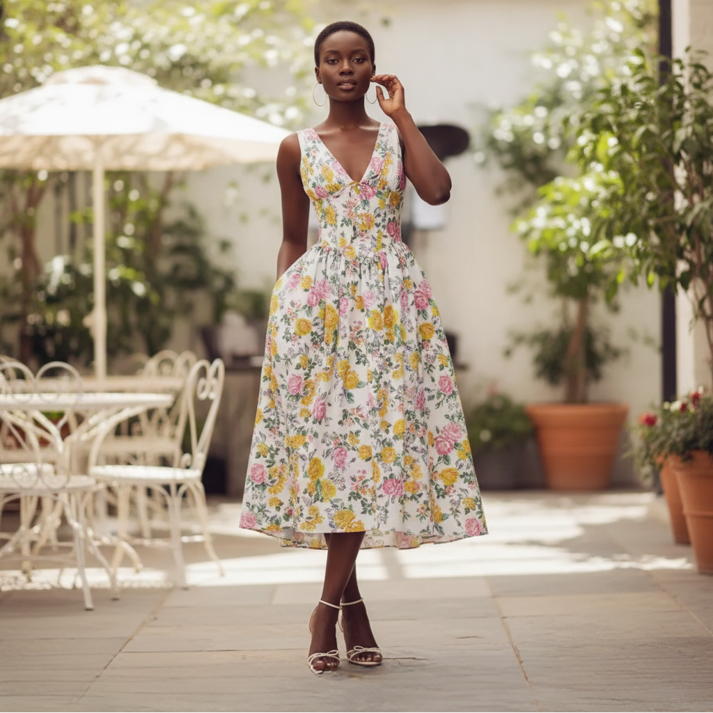 Deep V-Neck Midi Tank Dress for Women - Casual Summer Style - Lightweight Fabric - Perfect for Everyday Wear