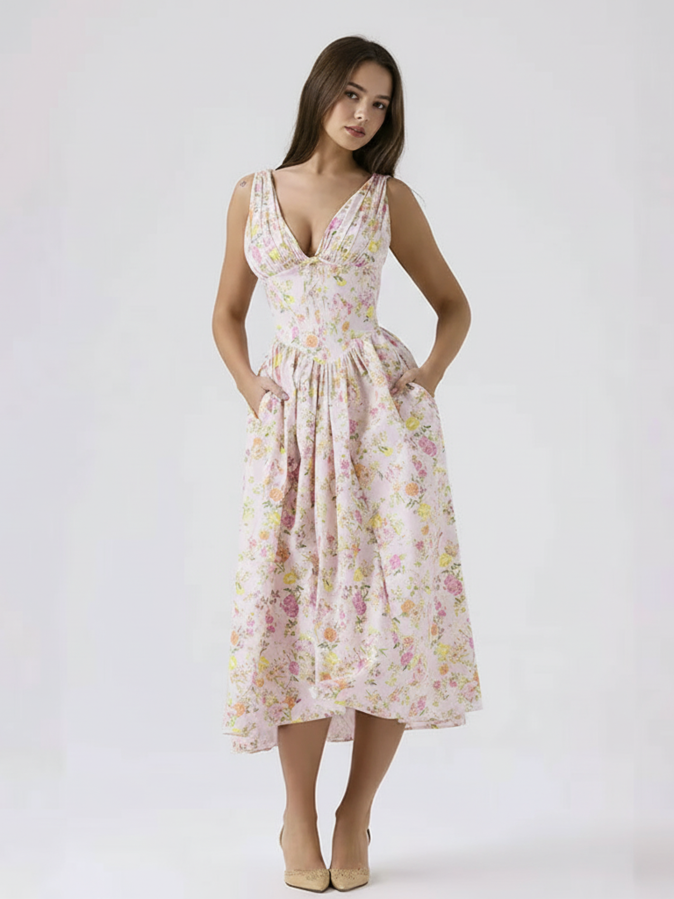 Deep V-Neck Midi Tank Dress for Women - Casual Summer Style - Lightweight Fabric - Perfect for Everyday Wear