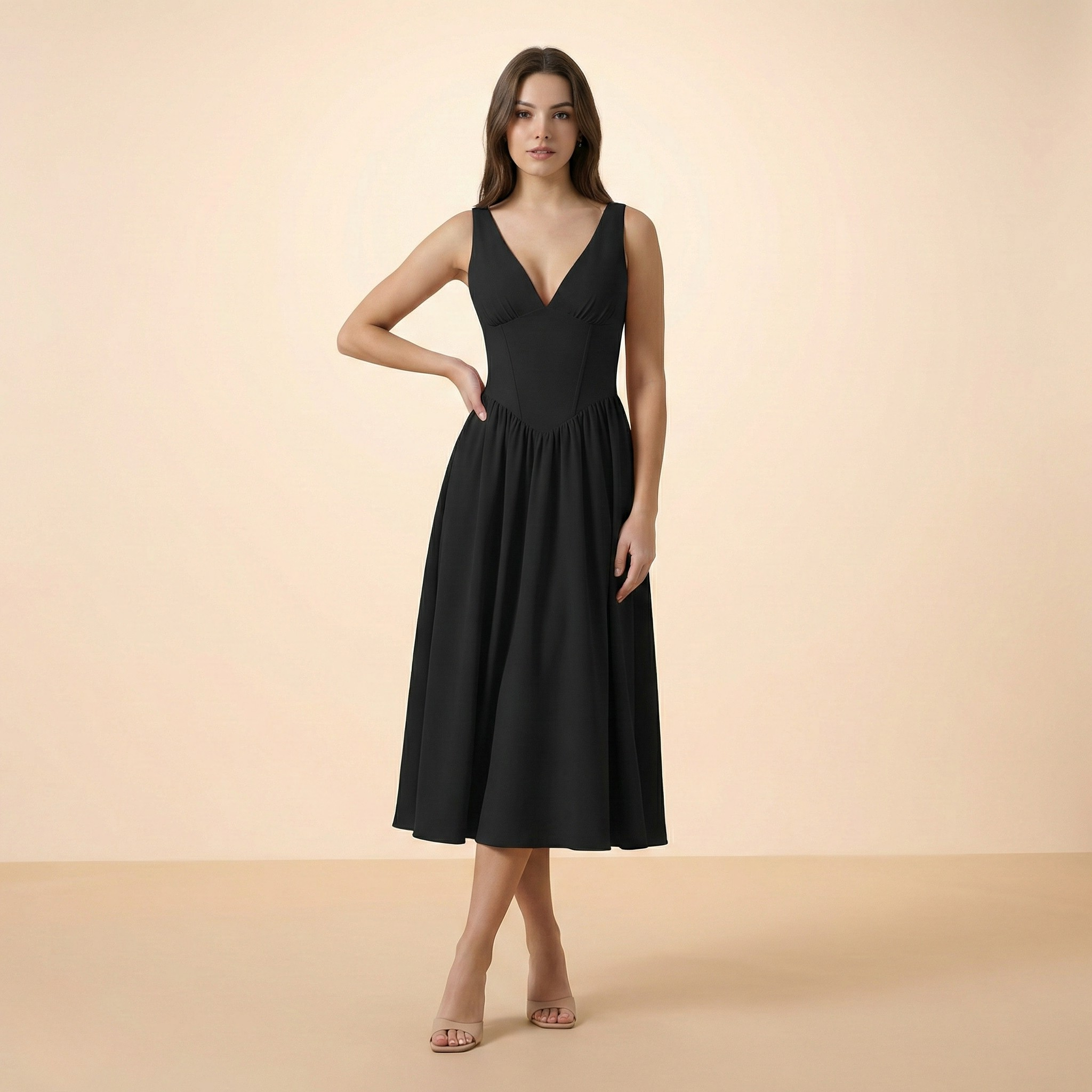 Deep V-Neck Midi Tank Dress for Women - Casual Summer Style - Lightweight Fabric - Perfect for Everyday Wear