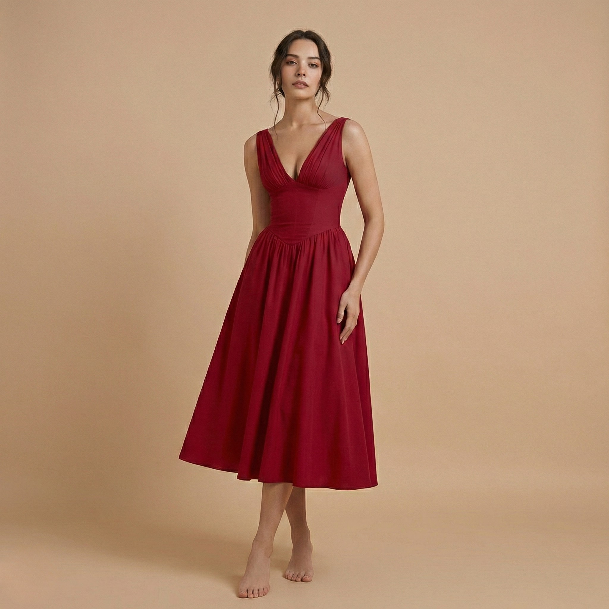 Deep V-Neck Midi Tank Dress for Women - Casual Summer Style - Lightweight Fabric - Perfect for Everyday Wear