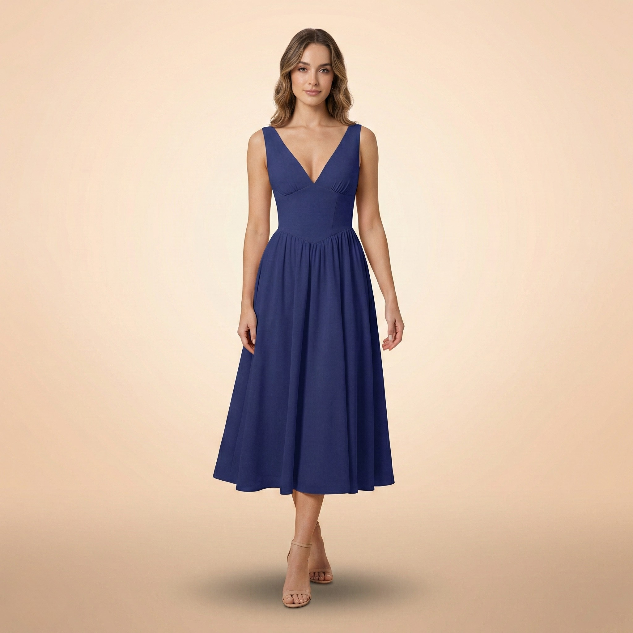 Deep V-Neck Midi Tank Dress for Women - Casual Summer Style - Lightweight Fabric - Perfect for Everyday Wear