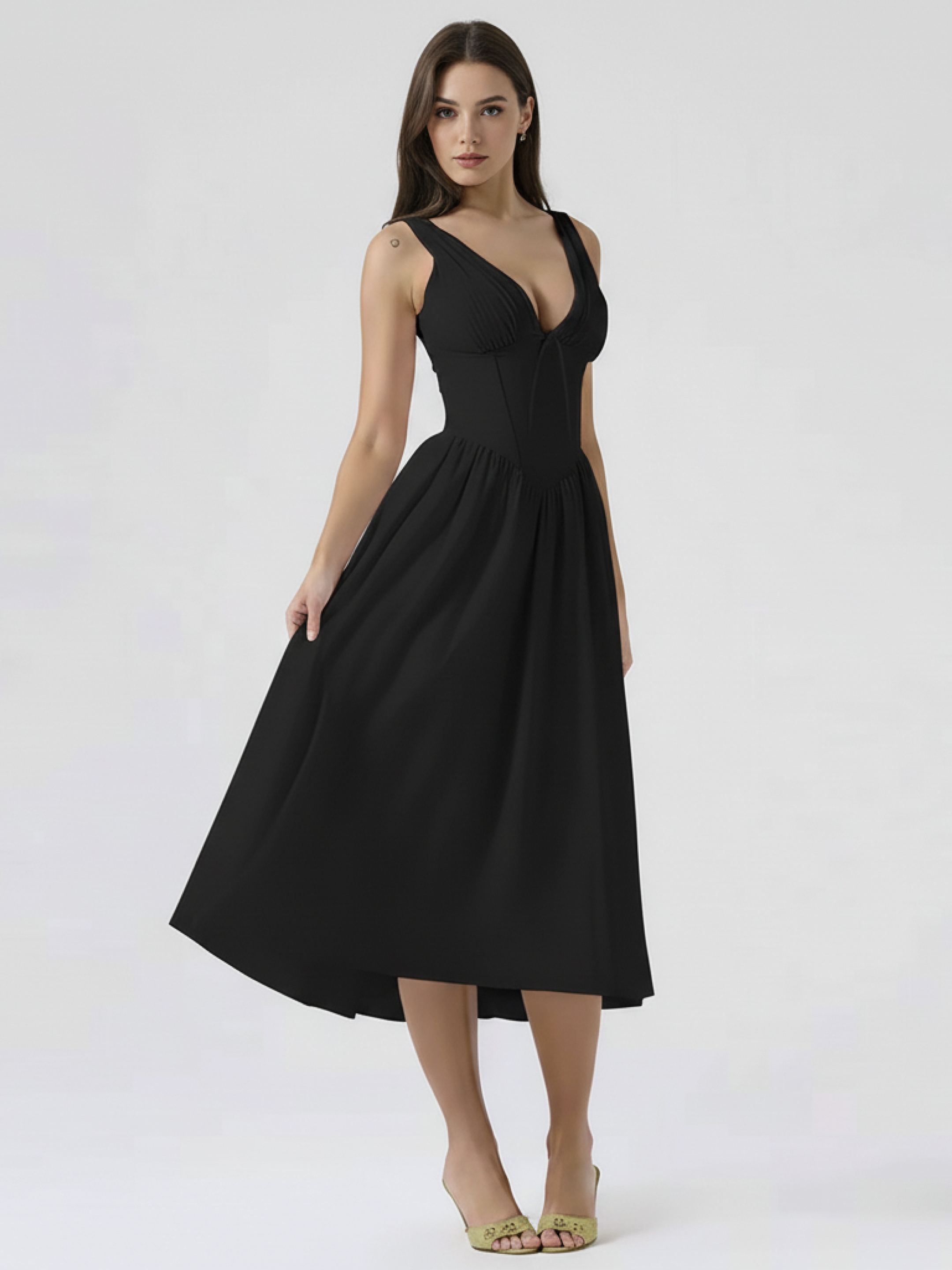 Deep V-Neck Midi Tank Dress for Women - Casual Summer Style - Lightweight Fabric - Perfect for Everyday Wear