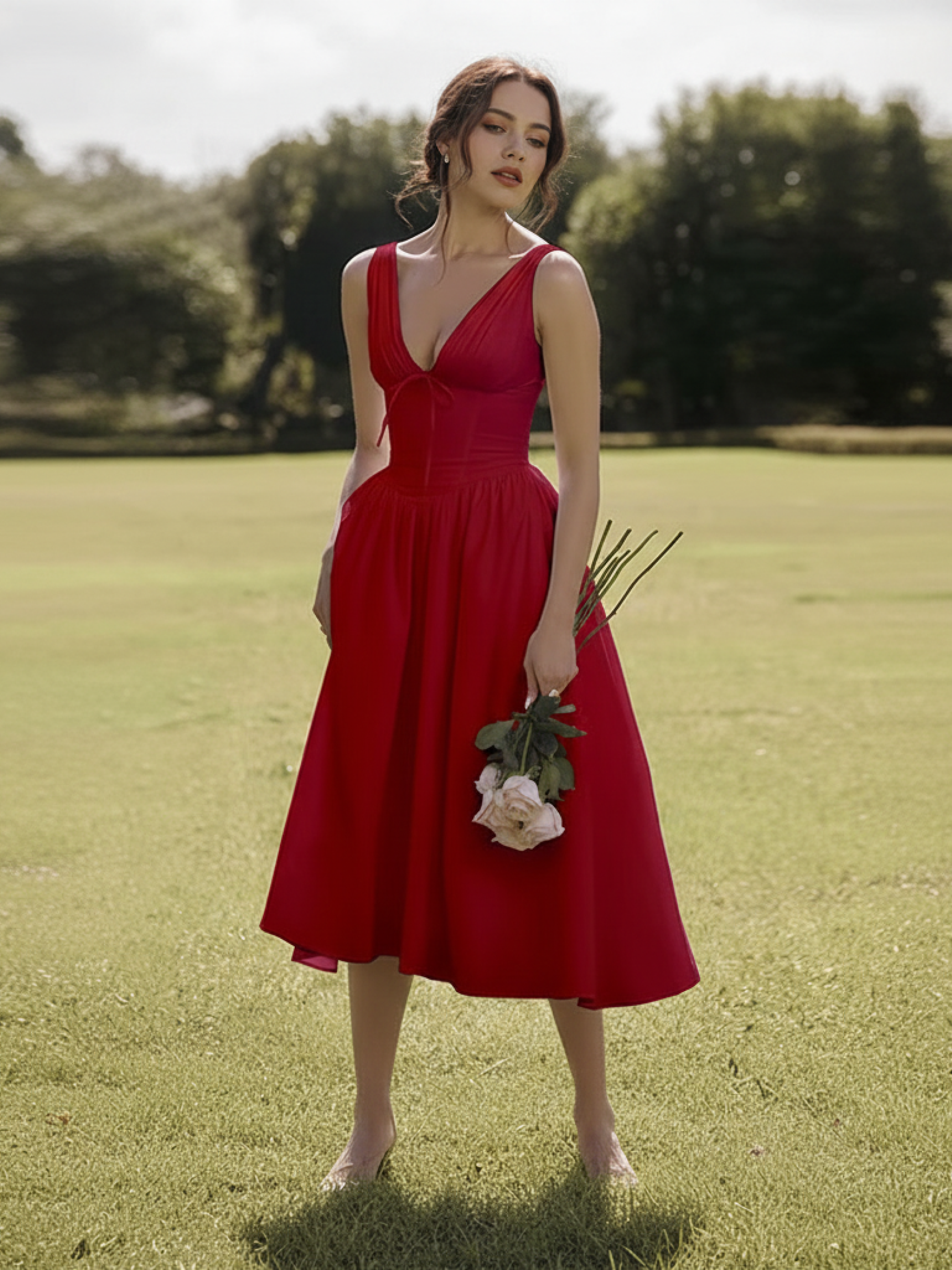 Deep V-Neck Midi Tank Dress for Women - Casual Summer Style - Lightweight Fabric - Perfect for Everyday Wear