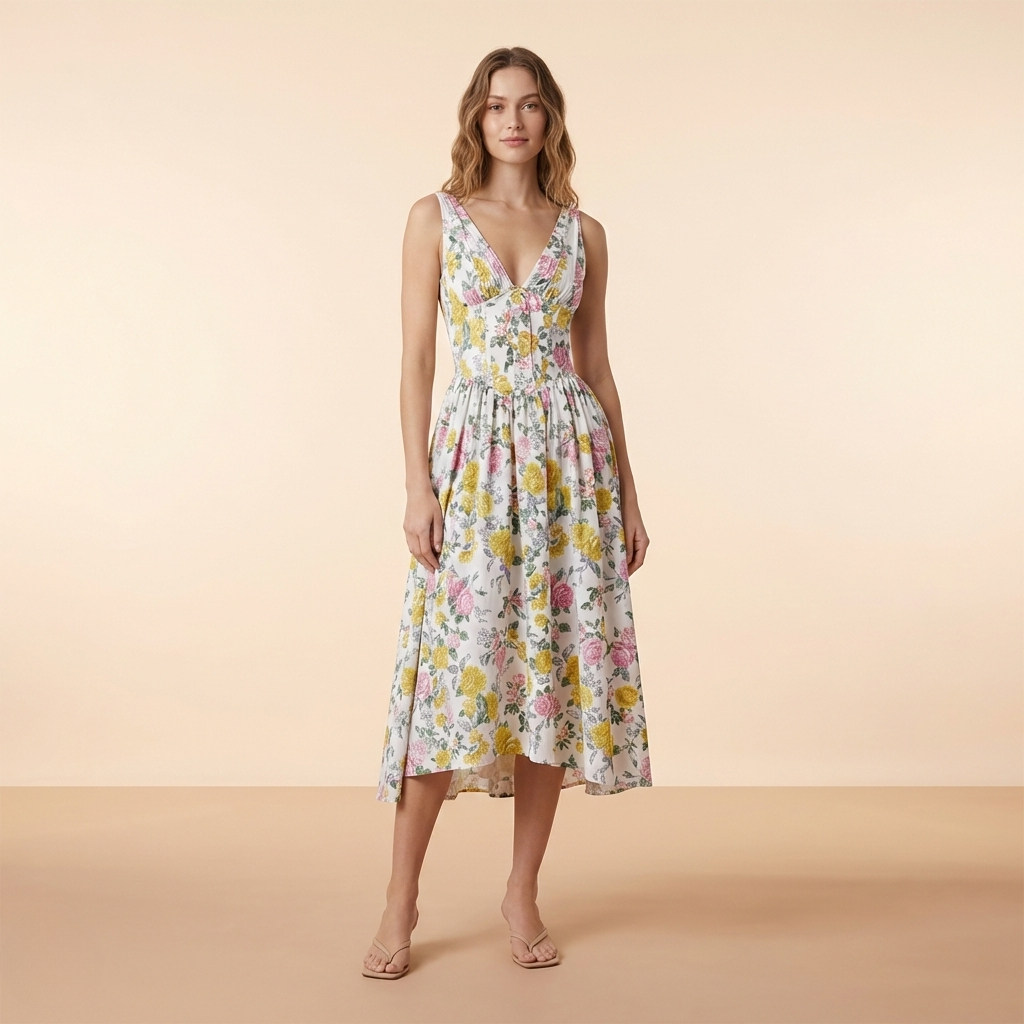 Deep V-Neck Midi Tank Dress for Women - Casual Summer Style - Lightweight Fabric - Perfect for Everyday Wear