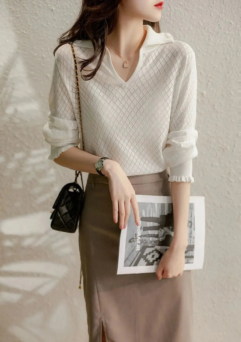 Diamond Knit Top in Céleste Color - Women's Casual Sweater for Everyday Wear