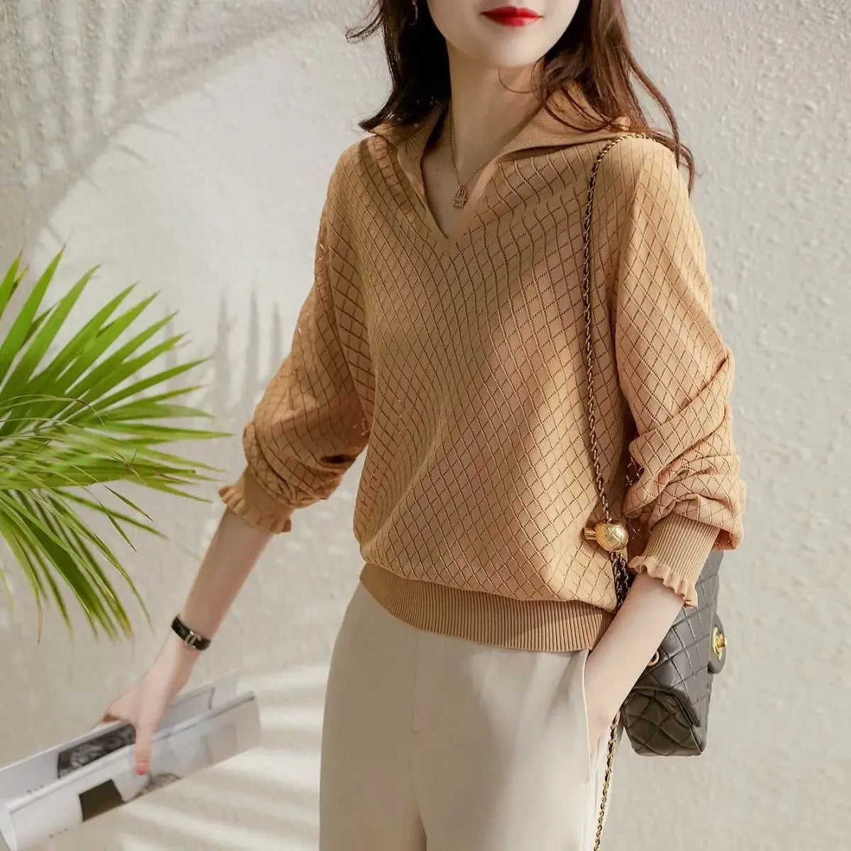 Diamond Knit Top in Céleste Color - Women's Casual Sweater for Everyday Wear