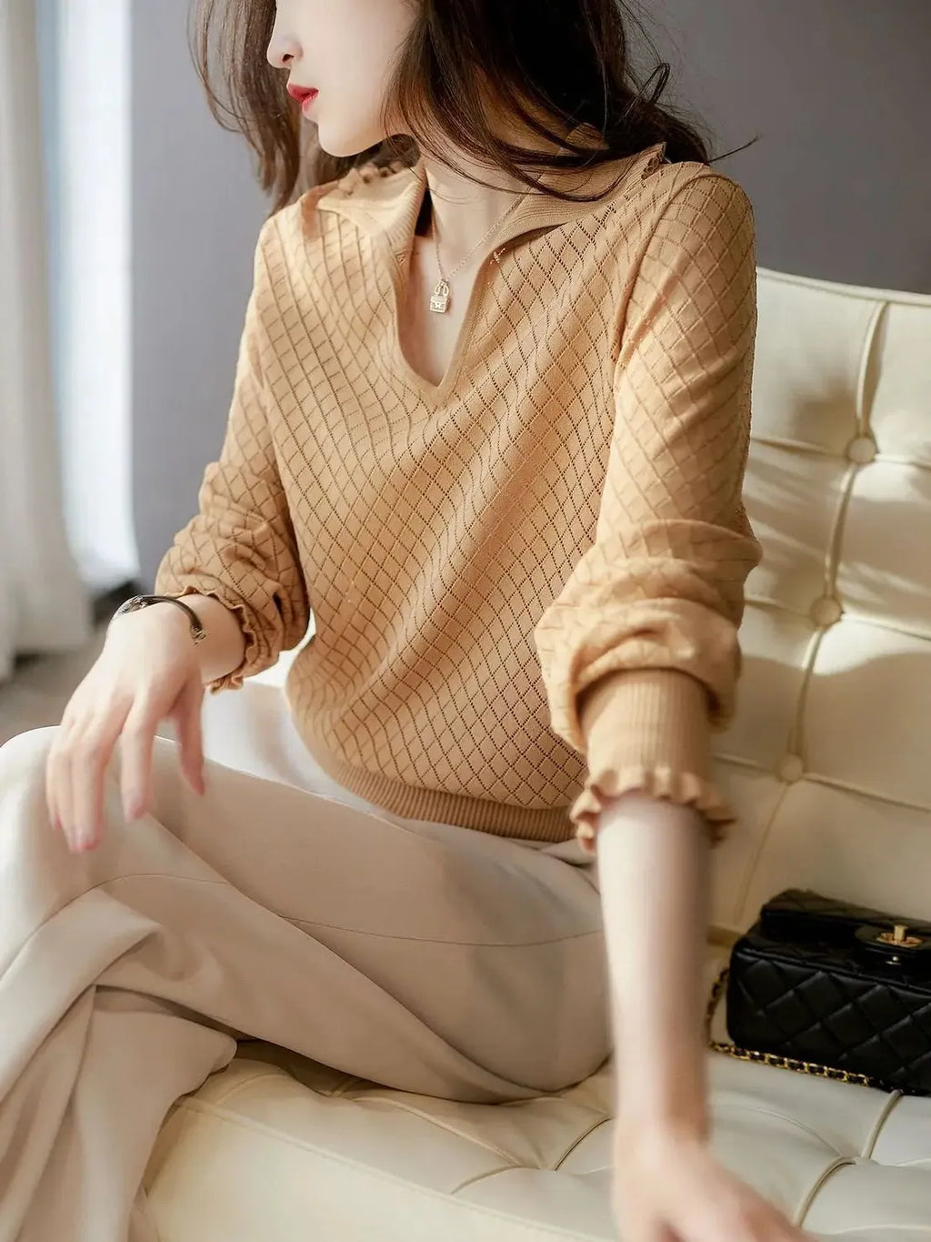 Diamond Knit Top in Céleste Color - Women's Casual Sweater for Everyday Wear