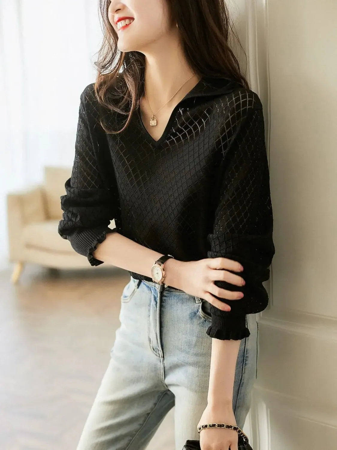 Diamond Knit Top in Céleste Color - Women's Casual Sweater for Everyday Wear