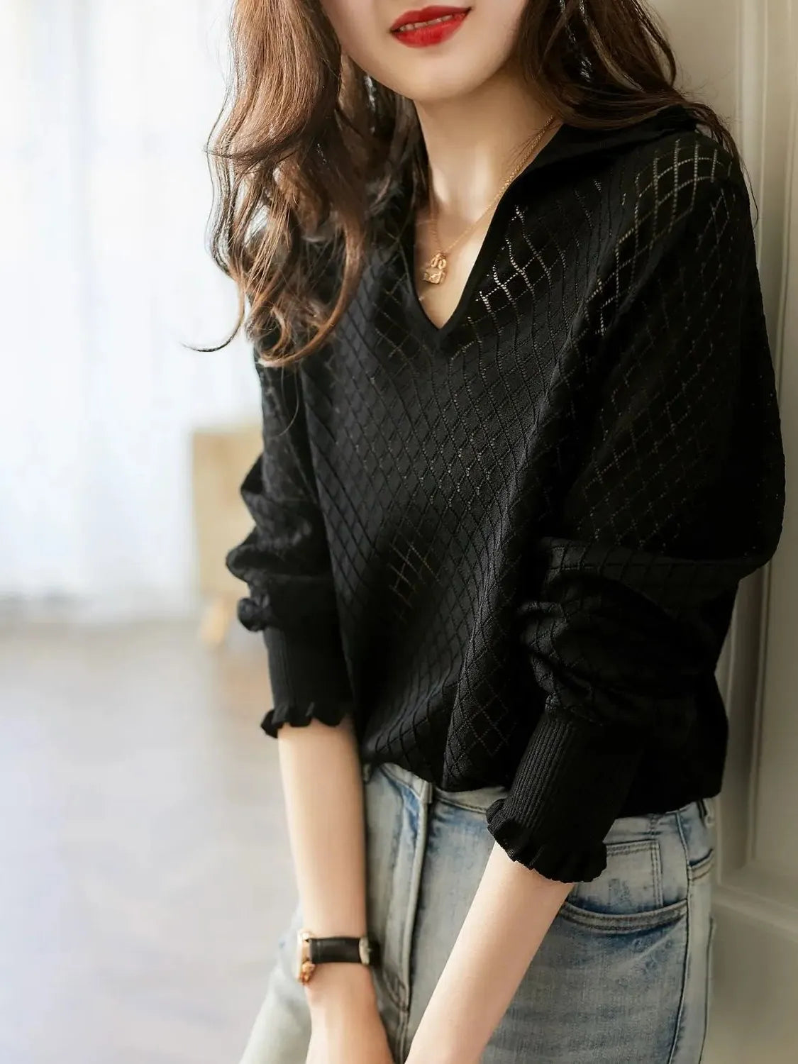 Diamond Knit Top in Céleste Color - Women's Casual Sweater for Everyday Wear