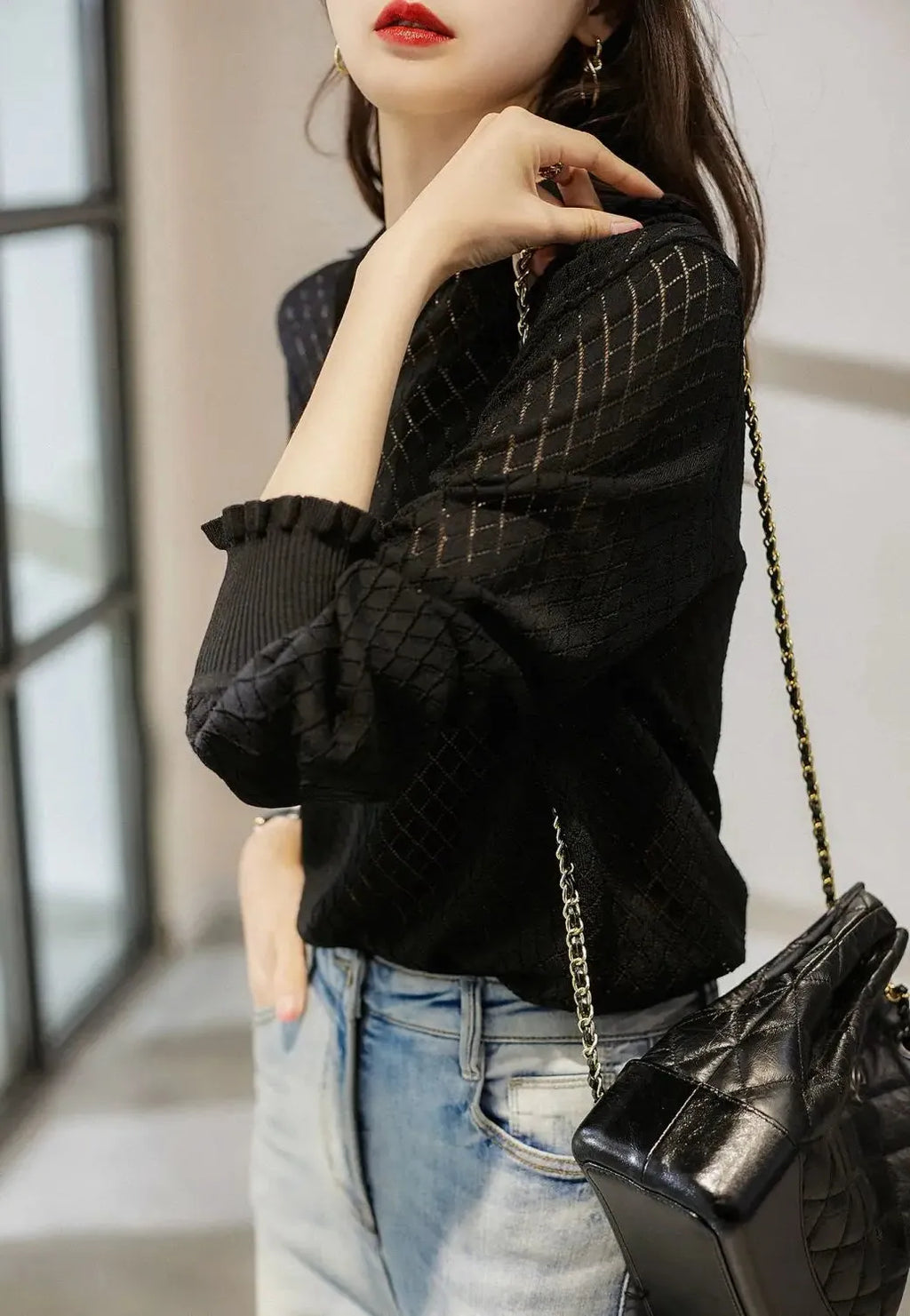 Diamond Knit Top in Céleste Color - Women's Casual Sweater for Everyday Wear