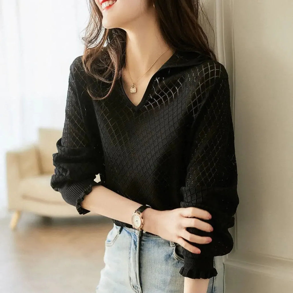 Diamond Knit Top in Céleste Color - Women's Casual Sweater for Everyday Wear