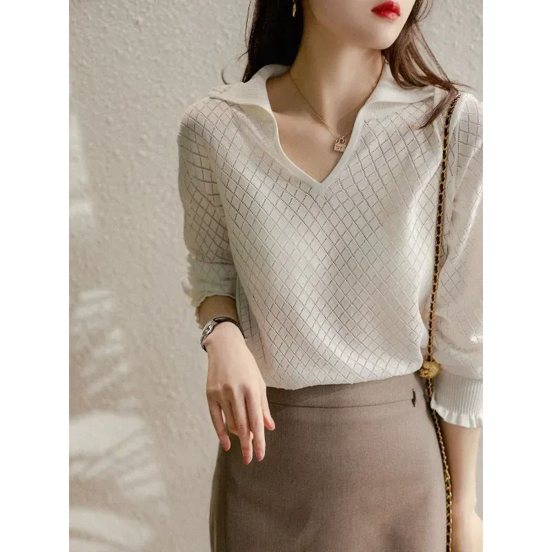 Diamond Knit Top in Céleste Color - Women's Casual Sweater for Everyday Wear