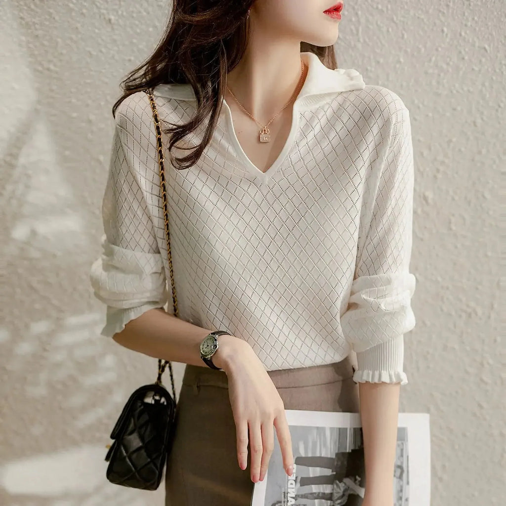 Diamond Knit Top in Céleste Color - Women's Casual Sweater for Everyday Wear