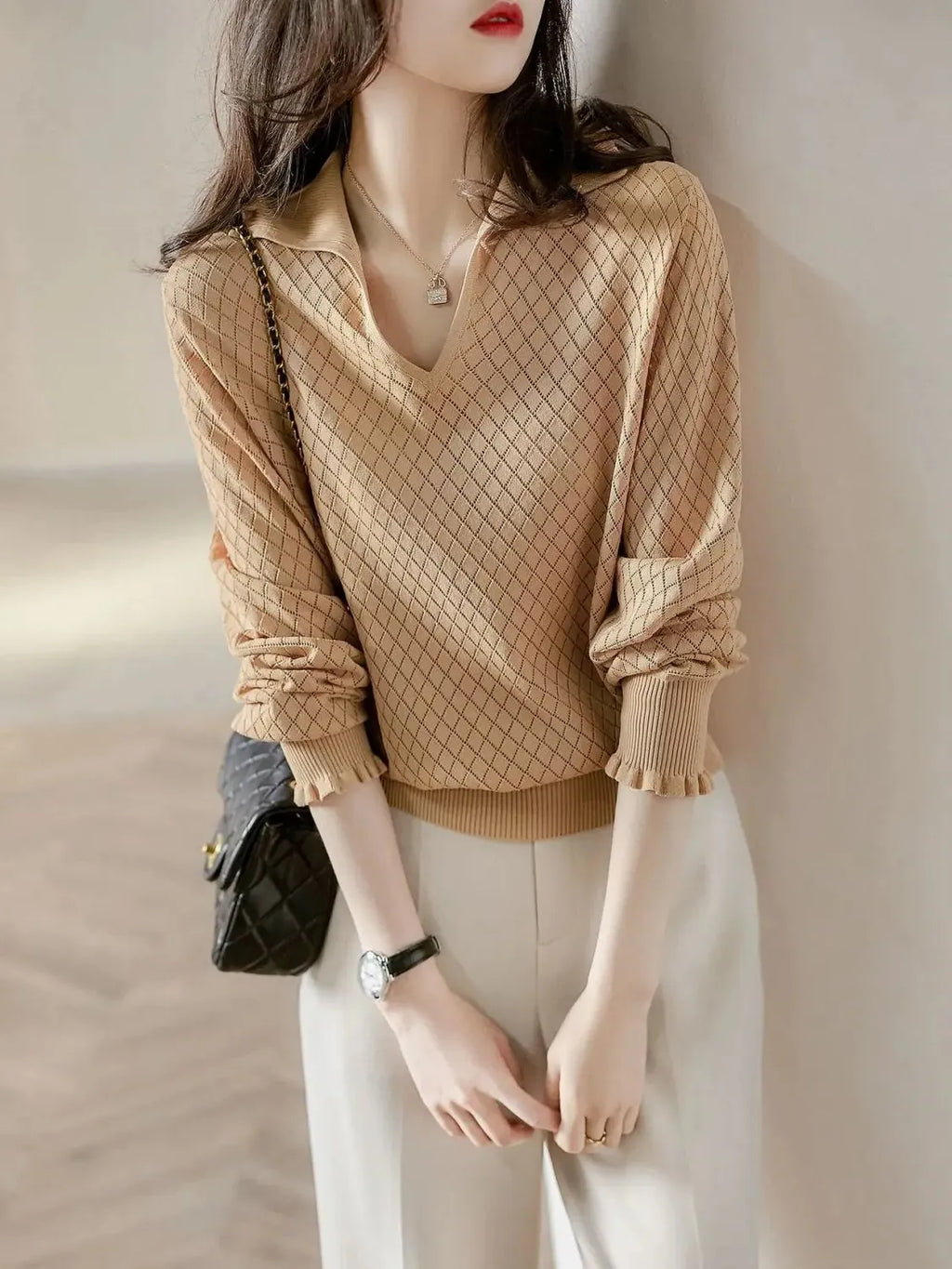 Diamond Knit Top in Céleste Color - Women's Casual Sweater for Everyday Wear