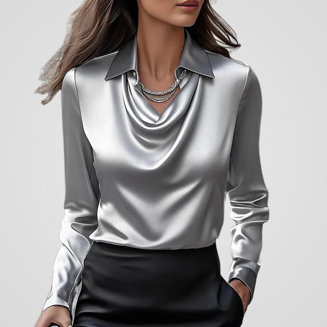 Draped Neck Satin Blouse for Women - Elegant Satin Fabric Top for Casual or Formal Wear