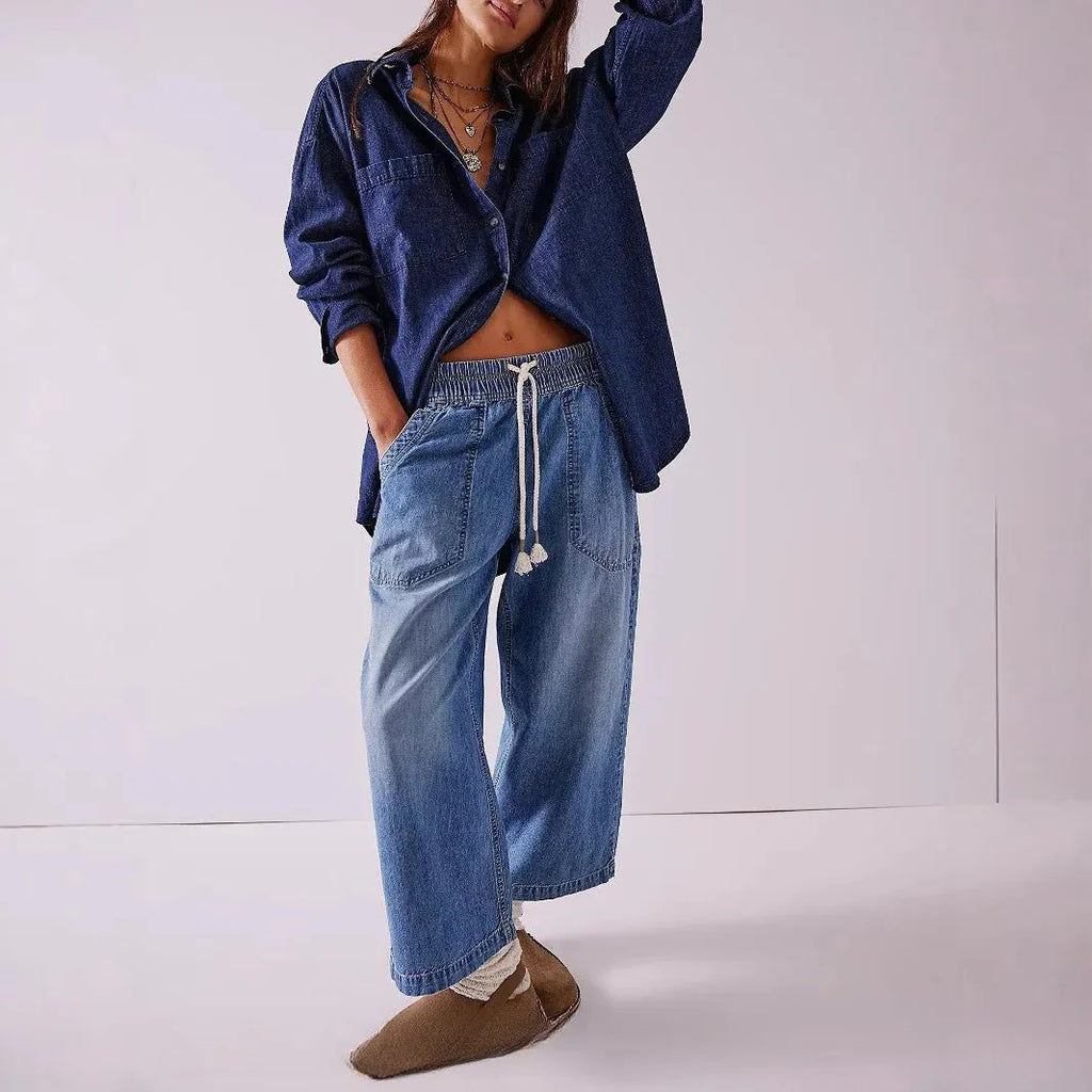 Drawstring Jeans for Women - Comfortable Cotton Weekender Style - Casual Fit for Everyday Wear
