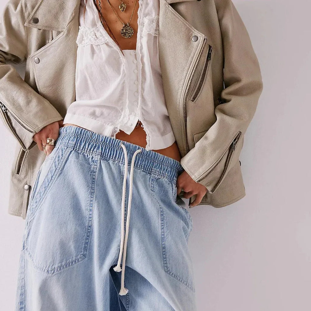 Drawstring Jeans for Women - Comfortable Cotton Weekender Style - Casual Fit for Everyday Wear