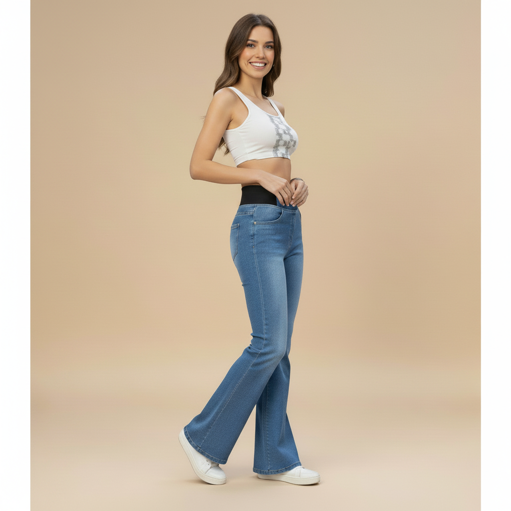 Elastic Waist Bell Bottom Jeans for Women - Comfortable Denim Flare Pants for Casual Wear