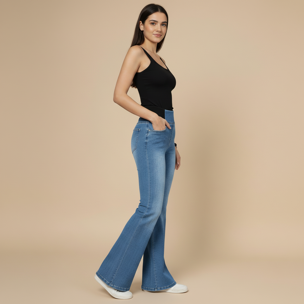 Elastic Waist Bell Bottom Jeans for Women - Comfortable Denim Flare Pants for Casual Wear