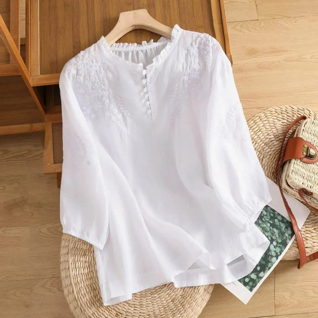 Embroidered Women's Half-Button Blouse with Ruffle Neckline for Casual Wear