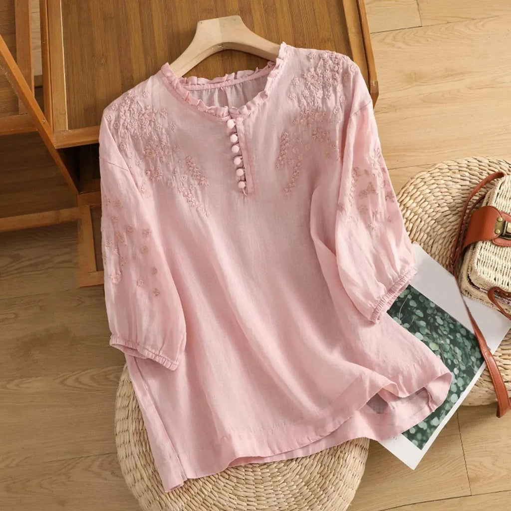 Embroidered Women's Half-Button Blouse with Ruffle Neckline for Casual Wear
