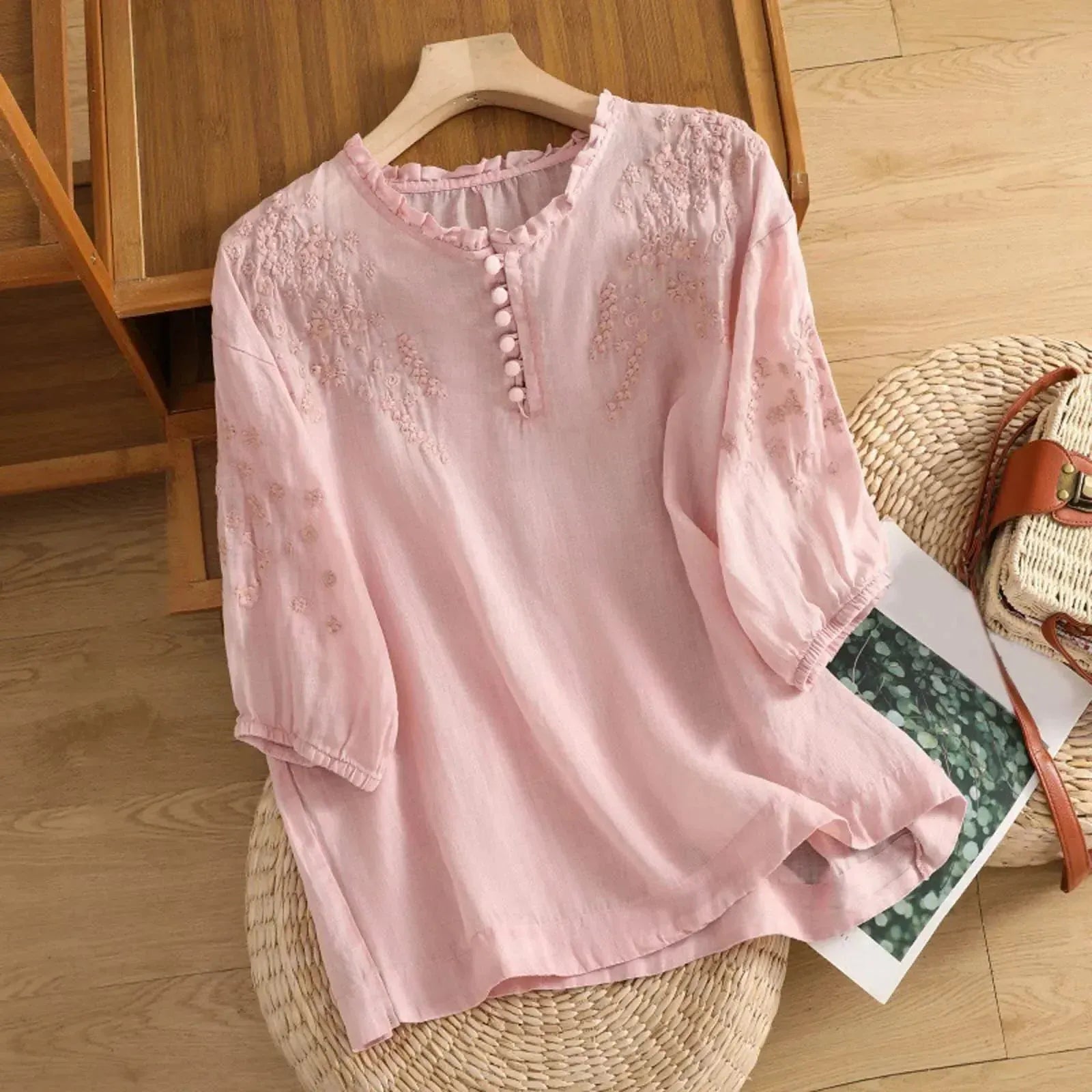 Embroidered Women's Half-Button Blouse with Ruffle Neckline for Casual Wear