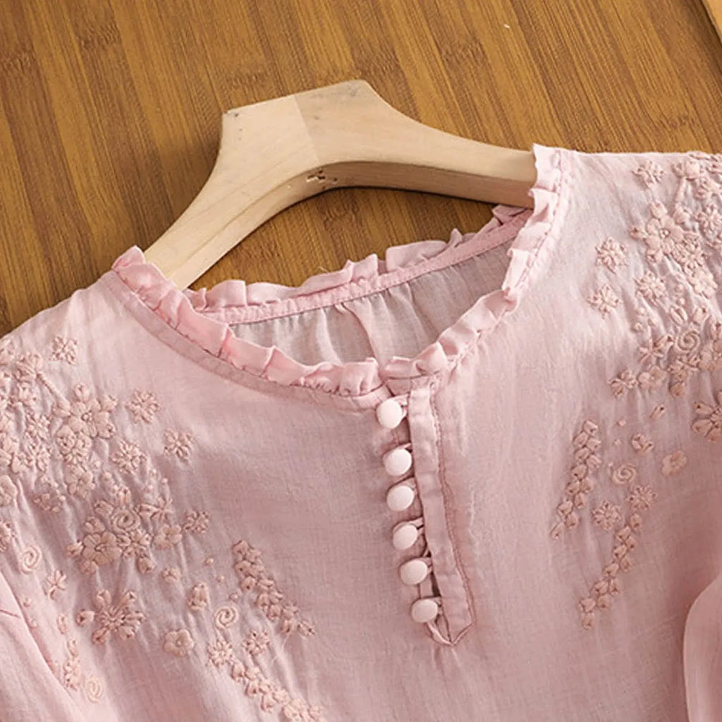 Embroidered Women's Half-Button Blouse with Ruffle Neckline for Casual Wear