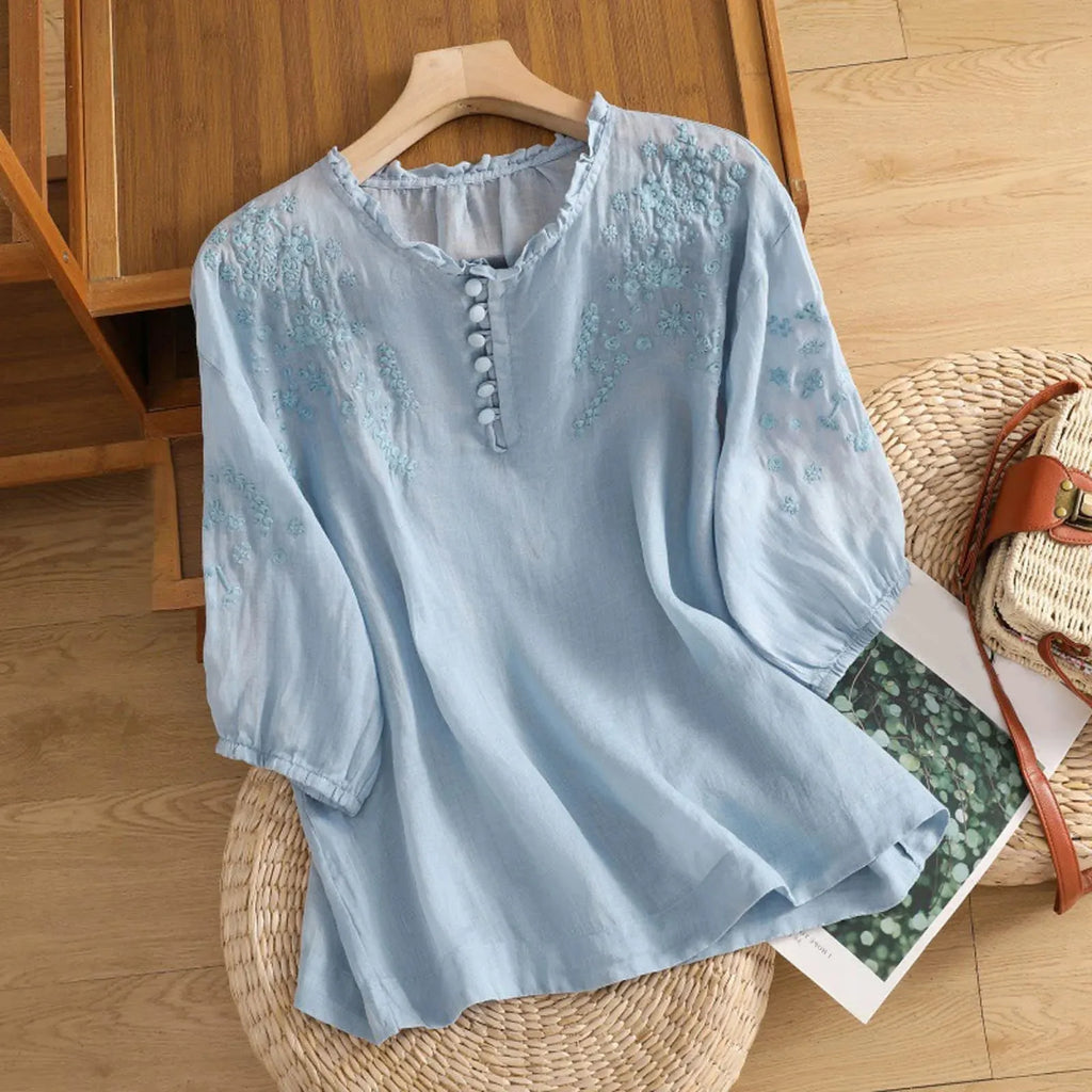 Embroidered Women's Half-Button Blouse with Ruffle Neckline for Casual Wear