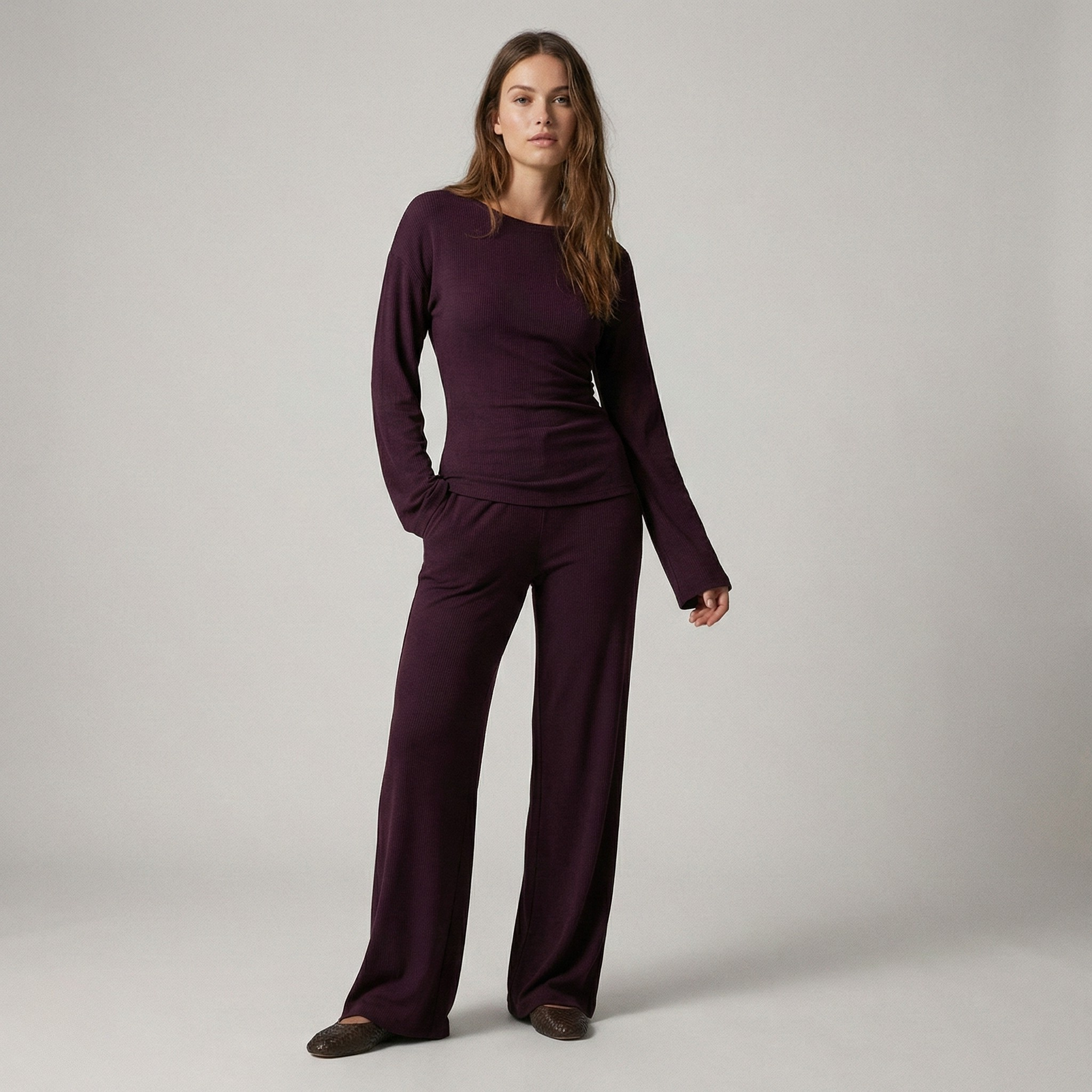 Flare Sleeve Round Neck Top and Bottom Set - Casual Cotton Loungewear for Women