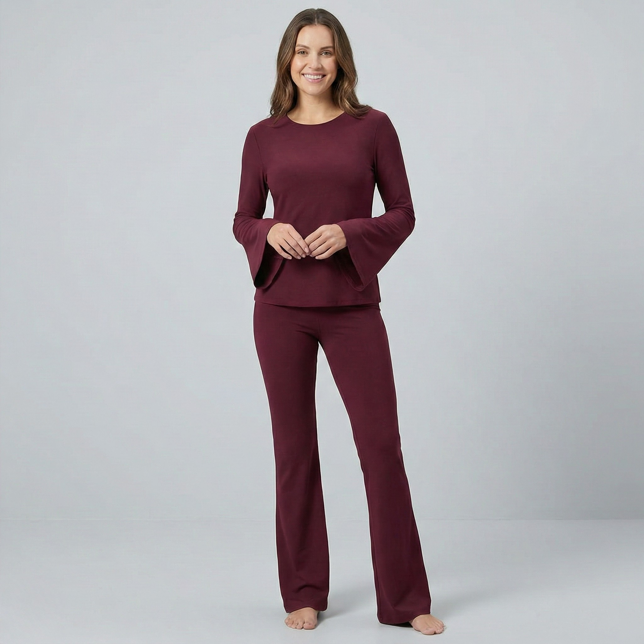 Flare Sleeve Round Neck Top and Bottom Set - Casual Cotton Loungewear for Women