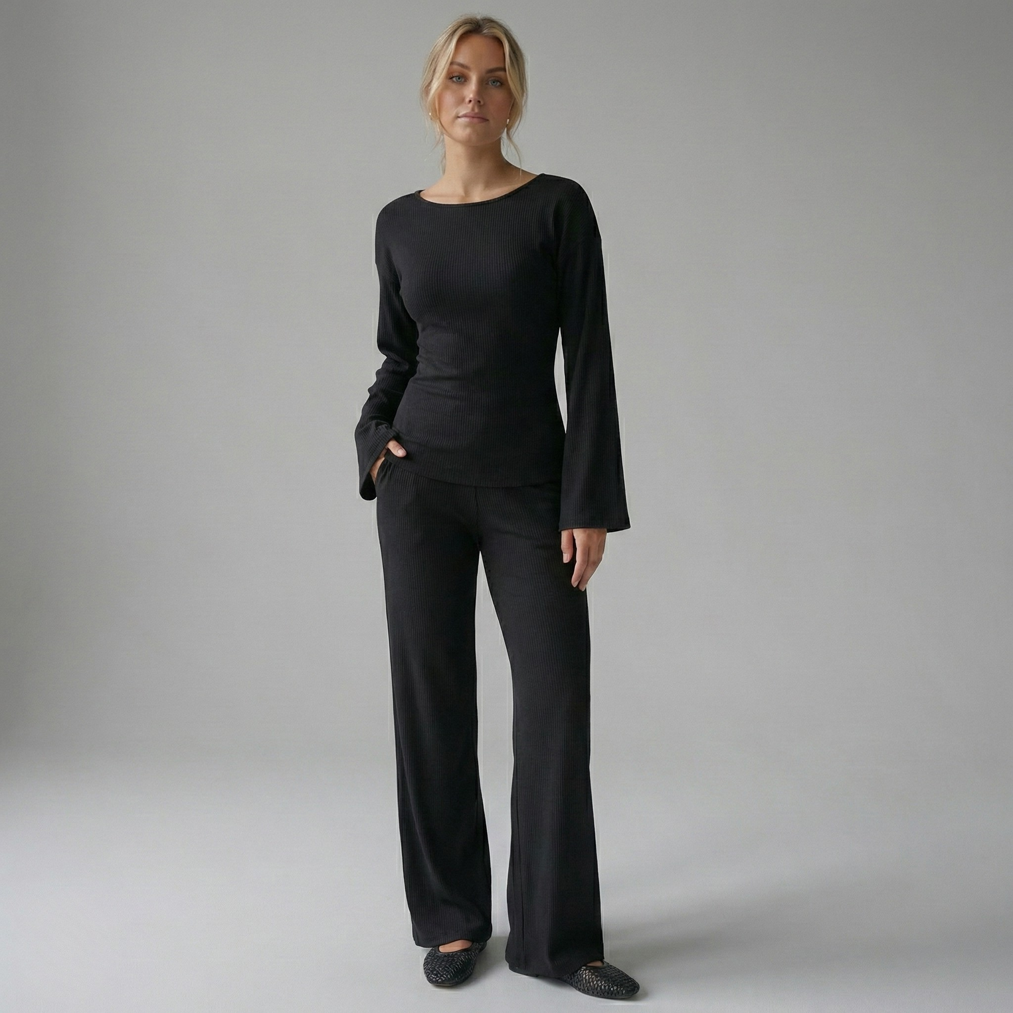 Flare Sleeve Round Neck Top and Bottom Set - Casual Cotton Loungewear for Women